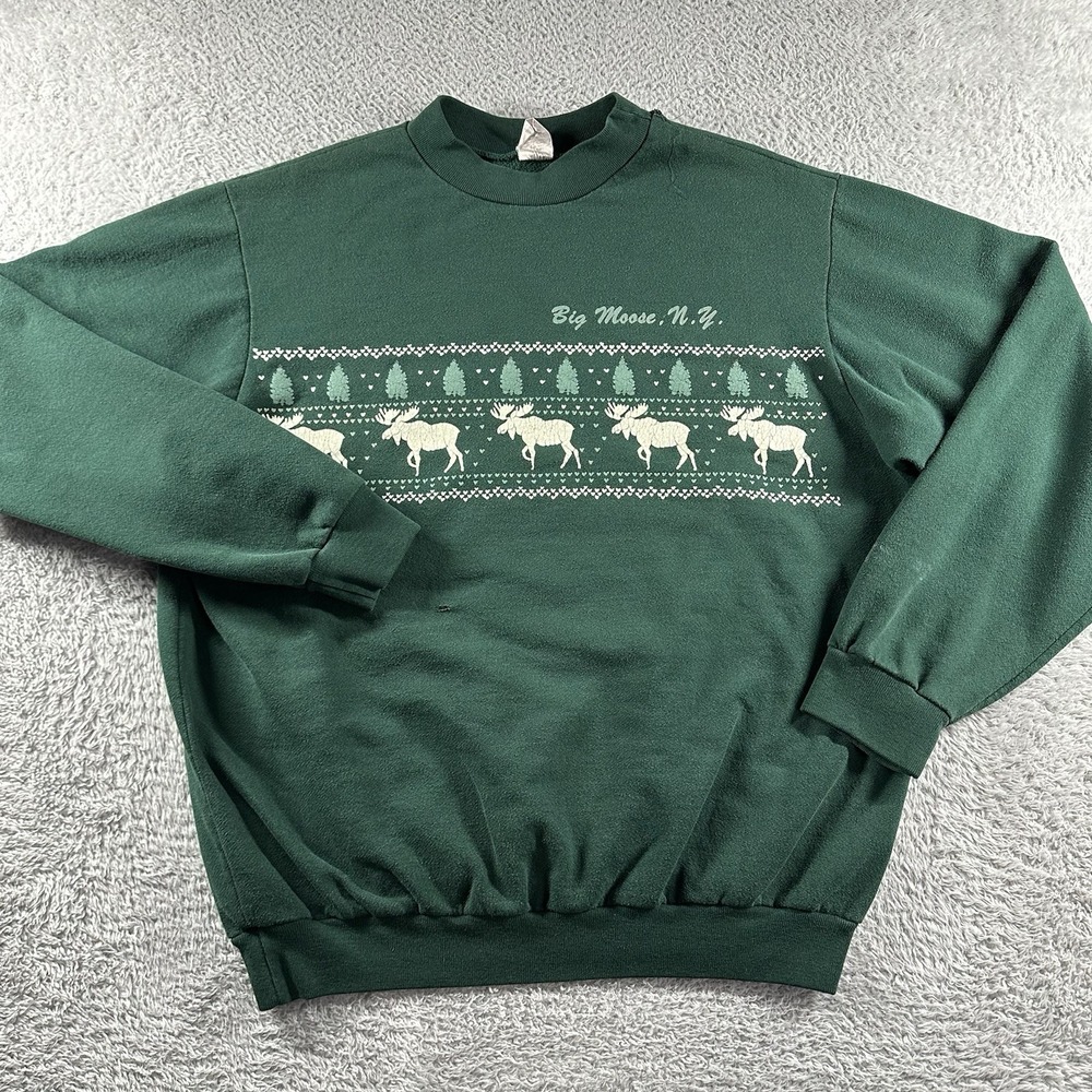 VINTAGE Nature Destination‎ Crewneck Sweater Mens Large Green Big Moose NY